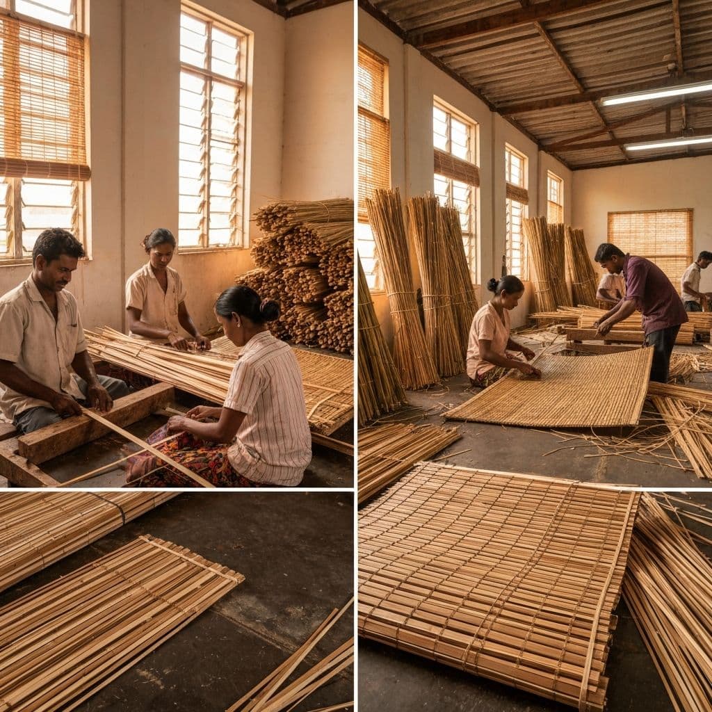 Craftsmen hand-weaving bamboo blinds in our Sri Lankan workshop