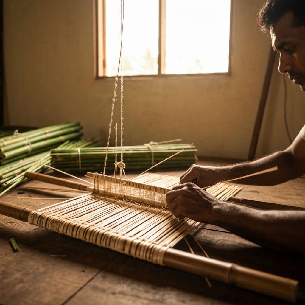 Sri Lankan artisan weaving bamboo blinds