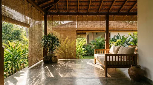 Tropical villa veranda in Sri Lanka shaded by natural Bamboo Blinds